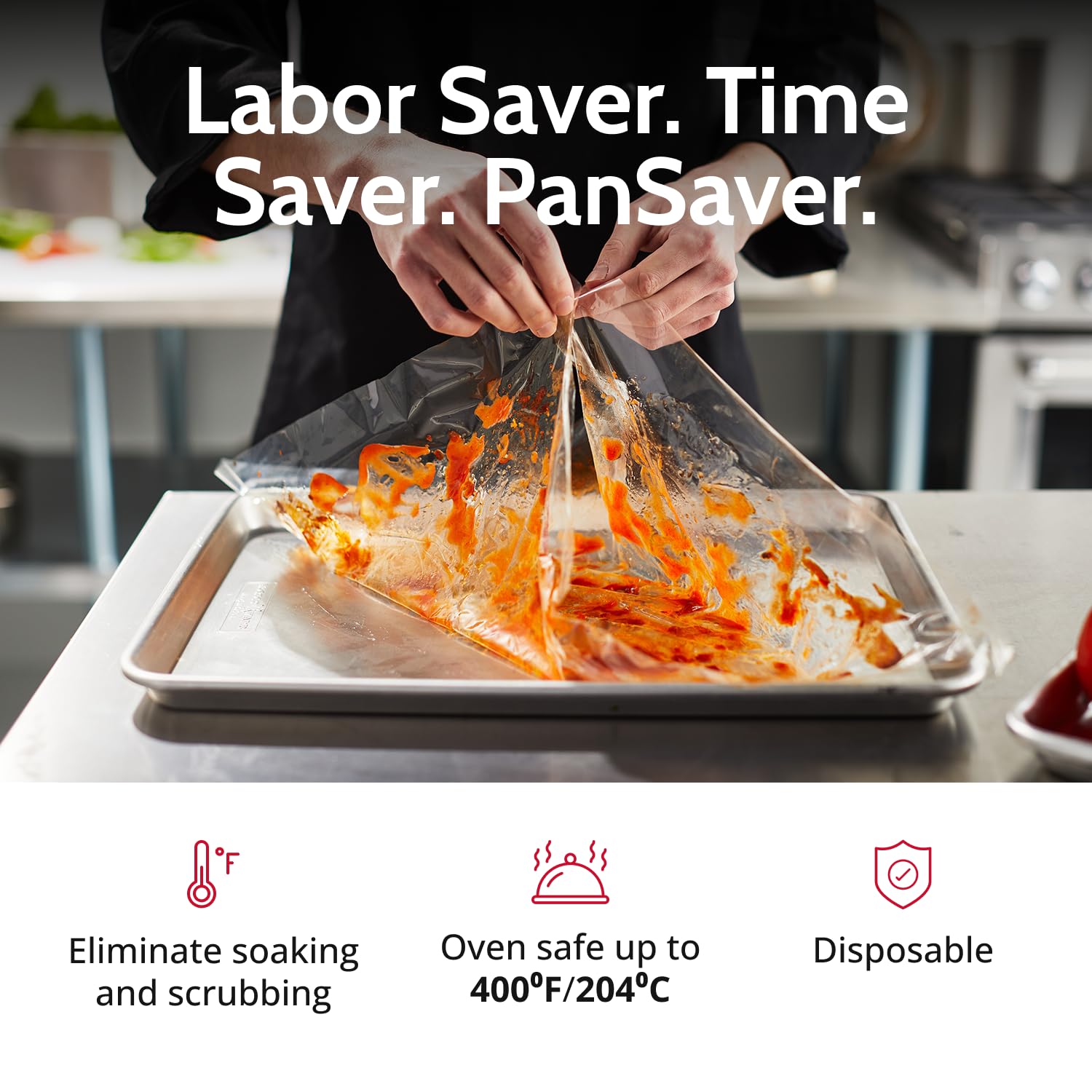 PanSaver Hotel Clear Pan Liners for Easy Clean Up - Disposable Buffet Pan Liners, Ovenable up to 400F (Half Medium/Deep Pan Liner - 14 x 23 IN)