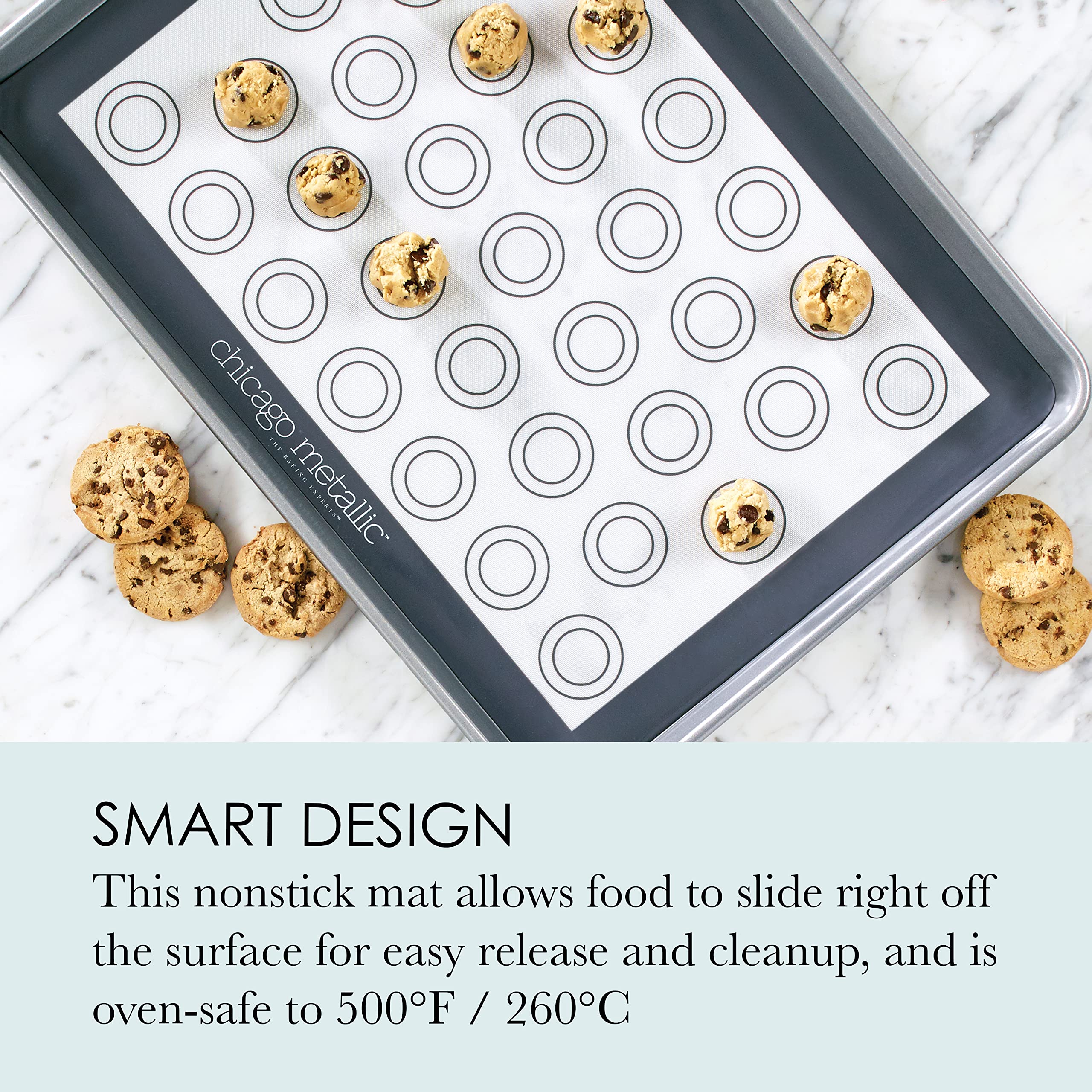 Chicago Metallic Silicone Pastry Mat with Measurements,, Baking Mat with Cookie Marks Gray 16.5x11.5 Inch