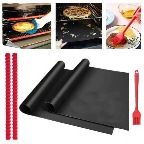 TeHappy Oven Liners for Bottom of Oven and Red Oven Rack Guards and Silicone Basting Brush Set of 5, 23.6"x15.75" Large Heavy Duty Oven Mat 2 Pack and Silicone Oven Rack Shields Edge Protector 2 Pack