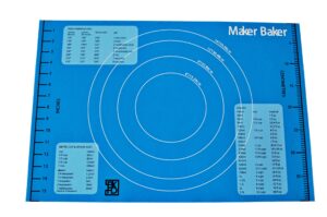 maker baker blue silicone pastry & baking mat | non-stick non-slip mat | extra large convenient measurements imperial & metric units |excellent for rolling dough | food safe bpa free non-toxic