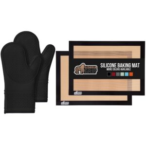 gorilla grip silicone oven mitts set of 2 and silicone baking mats set of 2, silicone oven mitts are 14.5 inch, quarter sheet silicone baking mats, both in black color, 2 item bundle