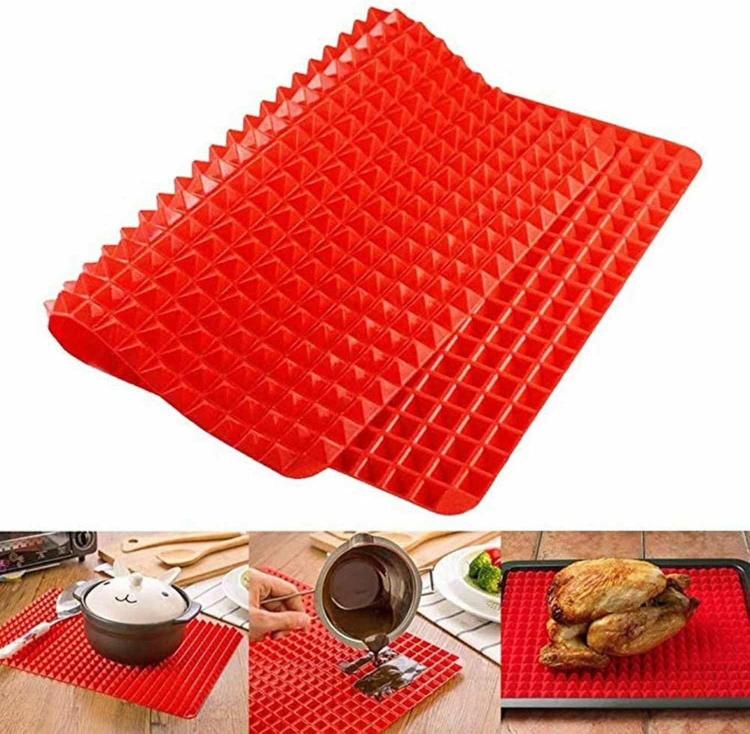 Silicone Pyramid Cooking Mat | Non- Stick Healthy Fat Sheet For Oven Grilling BBQ | 15.35 x 10.83 inches | Baking Mat | Cooking Pan | Baking Sheet | Pastry Cooking Mat | Red |