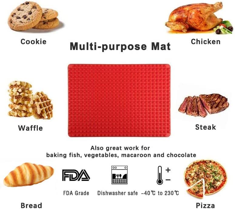 Silicone Pyramid Cooking Mat | Non- Stick Healthy Fat Sheet For Oven Grilling BBQ | 15.35 x 10.83 inches | Baking Mat | Cooking Pan | Baking Sheet | Pastry Cooking Mat | Red |