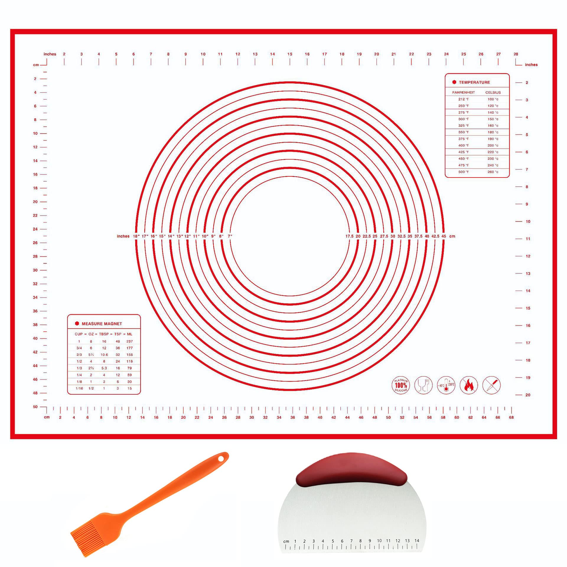 Silicone Dough Mat Non Stick Pastry Mat with Measurement Silicone Mats for Kitchen Counter Reusable Baking Mat Pie Crust Mat with Oil Brush and Dough Scraper(24" x 32",Red)