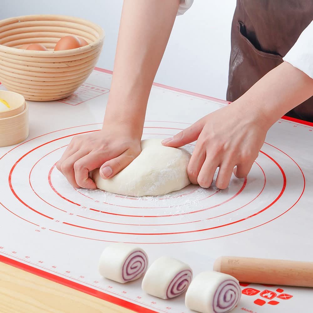 Silicone Dough Mat Non Stick Pastry Mat with Measurement Silicone Mats for Kitchen Counter Reusable Baking Mat Pie Crust Mat with Oil Brush and Dough Scraper(24" x 32",Red)