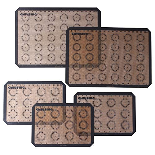 CHIUSING 5 piece silicone macaron baking mats with measurements,BPA free macaron silicone bake pastry mat for cake,cookie,pizza and macaron