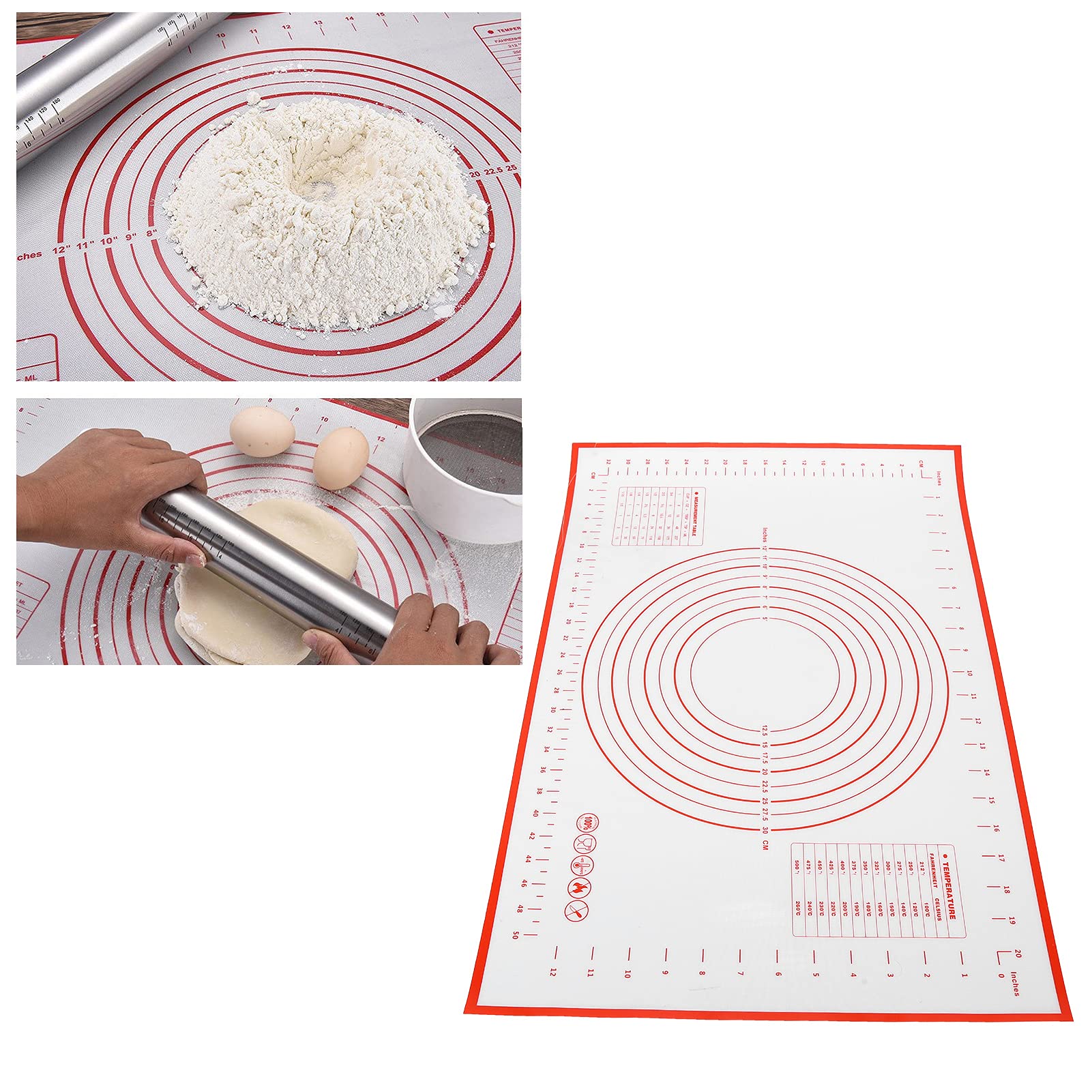 Silicone Measurement Pastry Mat, Reusable Non Stick Baking Mat with Inch CM Measurement for Dough Rolling Fondant Pizza Cookies Making, Large Pie Crust Mat, 23.6x15.7 Inch(Red)