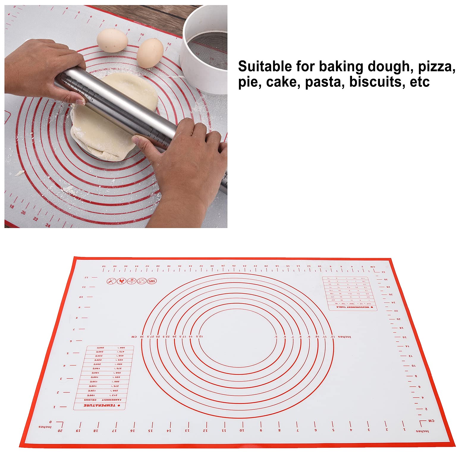 Silicone Measurement Pastry Mat, Reusable Non Stick Baking Mat with Inch CM Measurement for Dough Rolling Fondant Pizza Cookies Making, Large Pie Crust Mat, 23.6x15.7 Inch(Red)