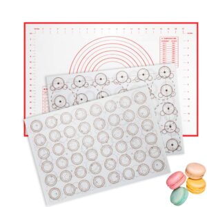 Macaron Silicone Baking Mats - Set of 3 - Baking Mat Non Stick Silicone BPA Free - 2 Sheet Baking Mat and 1Dough Rolling Mat with Measurements