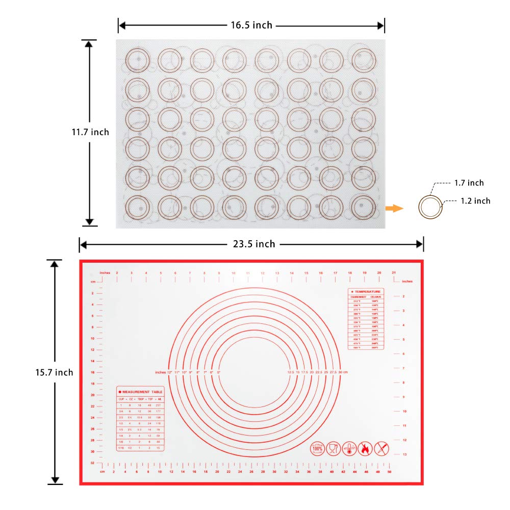 Macaron Silicone Baking Mats - Set of 3 - Baking Mat Non Stick Silicone BPA Free - 2 Sheet Baking Mat and 1Dough Rolling Mat with Measurements