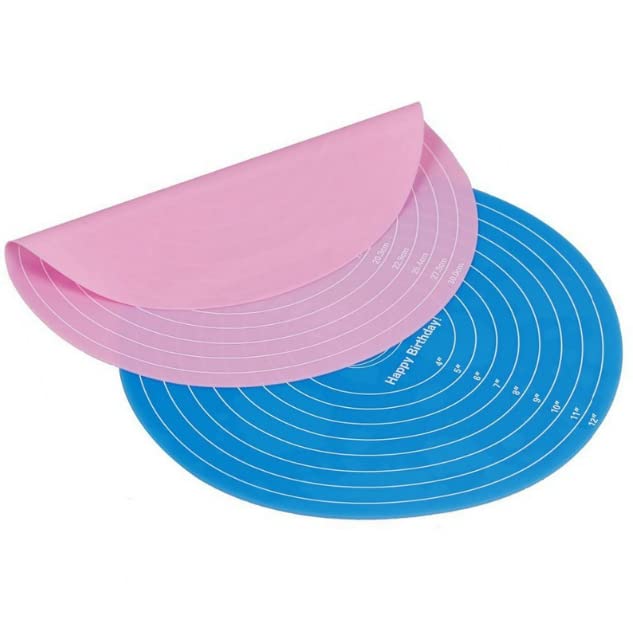 2PCS Silicone Baking Mat with Measurements, Non‑Stick Round Silicone Dough Rolling Mat Baking Pastry Pad Sheet Liner for Cake Turntable Stand (Pink and Blue)