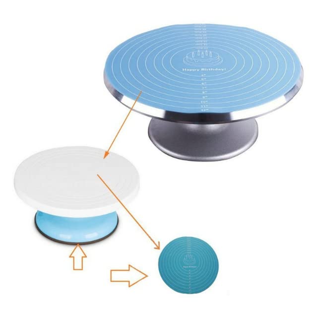 2PCS Silicone Baking Mat with Measurements, Non‑Stick Round Silicone Dough Rolling Mat Baking Pastry Pad Sheet Liner for Cake Turntable Stand (Pink and Blue)