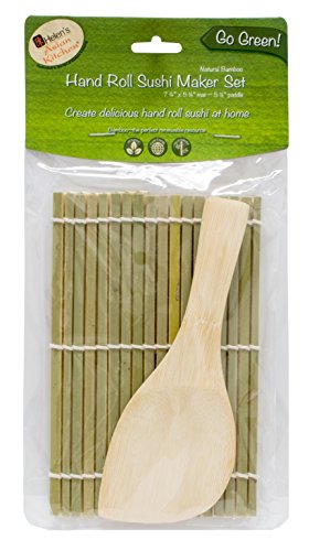 Helen’s Asian Kitchen Sushi Hand Roll Mat with Rice Paddle, 7.25-Inches x 5.25-Inches, Natural Bamboo