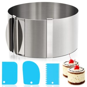 senbos cake ring, stainless steel professional adjustable baking rings with handle layer baking cake ring with 3 cream scrapers for birthday wedding tier cake, 3.5 inch high, diameter 6 to 12 inch
