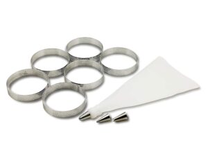 newline ny stainless steel french pastry tart ring baking kit - 6 perforated round dessert rings + 3 nozzles + 1 sample decorating piping bag kit