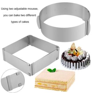 MOTZU 2 Pieces Cake Mold, Stainless Steel Mousse Cake Rings, Adjustable Mould, Cake Baking Cake Decor Mold Ring, Cake Collar, Chocolate and Cake Decorating Roll(Square + Round), 6-12 Inch