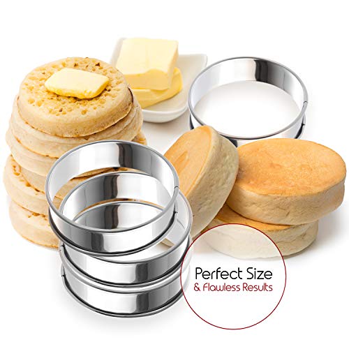 Chefa USA English Muffin Rings, 4 Pc. Set, Stainless Steel Baking Molds for Pastries, Eggs, Pancakes, Tarts, and Crumpets, Rolled Safety Edge, Non-Stick Surface, Reusable