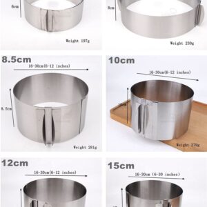 LoBake 6 to 12 Inch 6cm to 15cm Height Stainless Steel Adjustable Round Mousse Cake Rings Stretch Baking Mold DIY Baking Supplies (15cm Height)