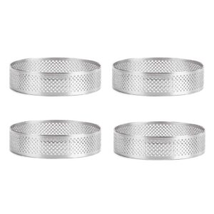 hemoton tart pans 4pcs tart rings, (3in+ 3.5in) perforated tart rings for baking, stainless steel nonstick round cake ring, metal pastry mold baking rings