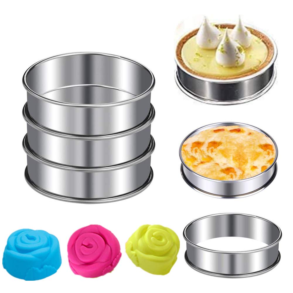 KeepingcooX Crumpet Rings Set of 6 - Non Stick, Double Rolled Tart Rings for Poaching Eggs, Professional English Muffin Rings, Small Pancake, Burger Press, Frying Eggs, 3.3in+4.1in, Plus 3 Rose Molds