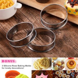 KeepingcooX Crumpet Rings Set of 6 - Non Stick, Double Rolled Tart Rings for Poaching Eggs, Professional English Muffin Rings, Small Pancake, Burger Press, Frying Eggs, 3.3in+4.1in, Plus 3 Rose Molds