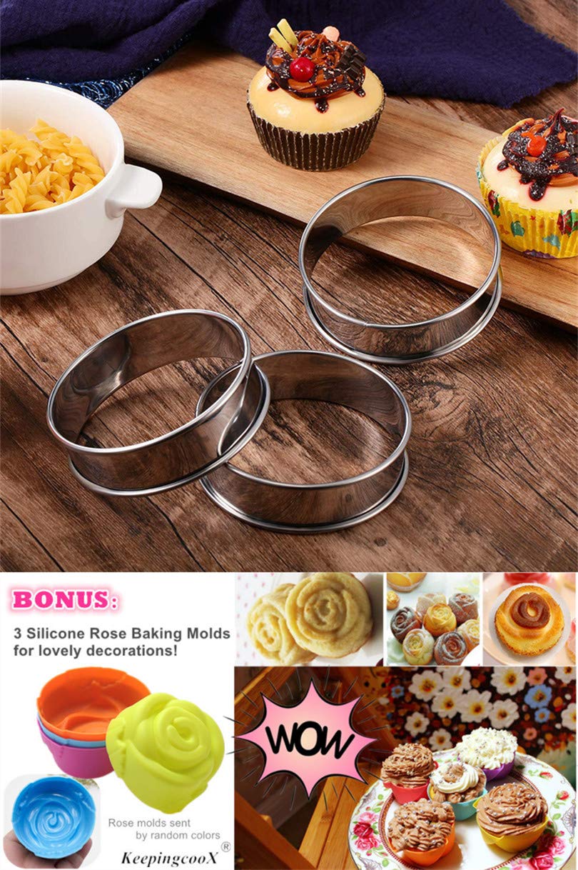 KeepingcooX Crumpet Rings Set of 6 - Non Stick, Double Rolled Tart Rings for Poaching Eggs, Professional English Muffin Rings, Small Pancake, Burger Press, Frying Eggs, 3.3in+4.1in, Plus 3 Rose Molds