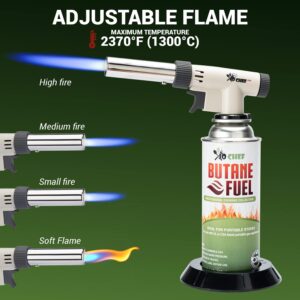 Jo Chef Pro Butane Torch Lighter - Refillable Butane Torch Head, Hand Held, Small with Adjustable Flame - Culinary Blow Torch, Creme Brulee Torch, Baking, BBQ