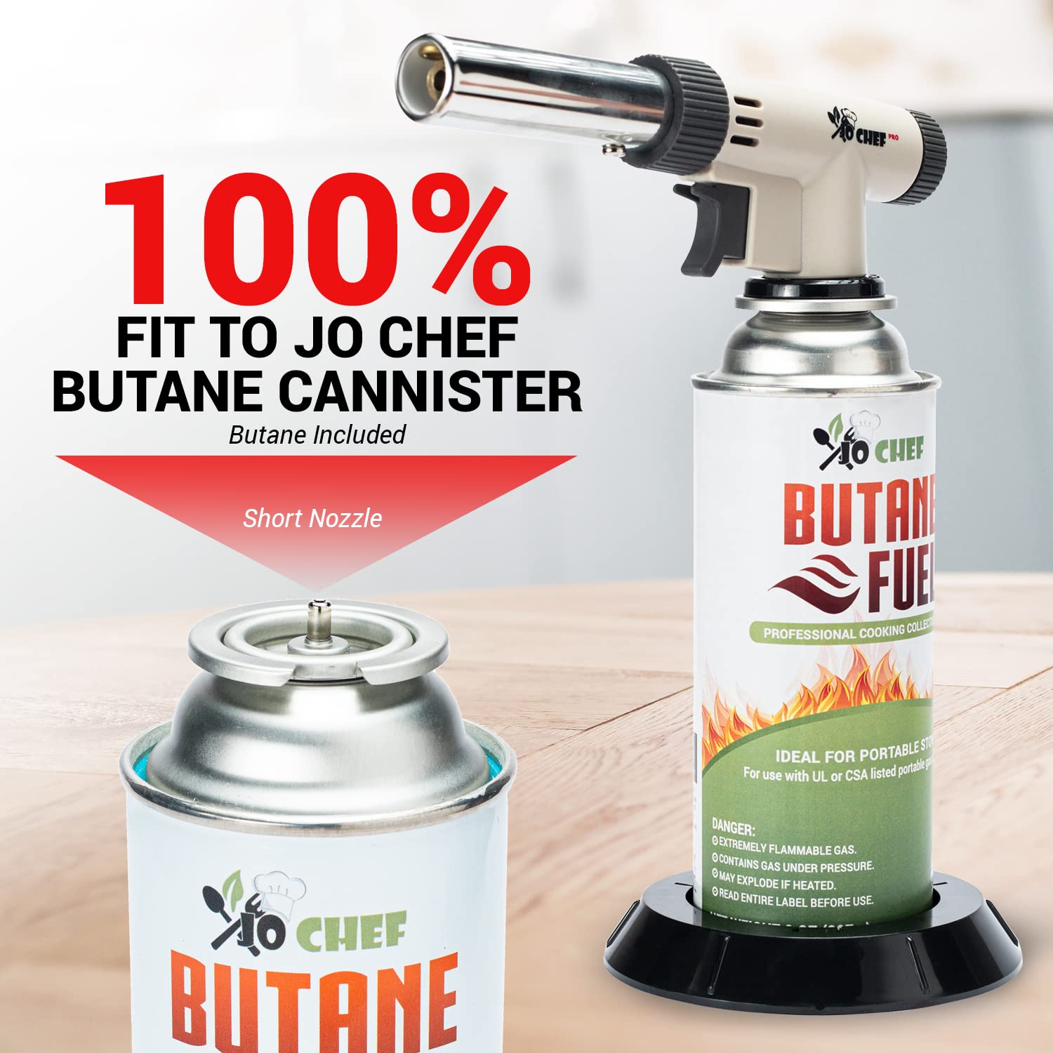 Jo Chef Pro Butane Torch Lighter - Refillable Butane Torch Head, Hand Held, Small with Adjustable Flame - Culinary Blow Torch, Creme Brulee Torch, Baking, BBQ