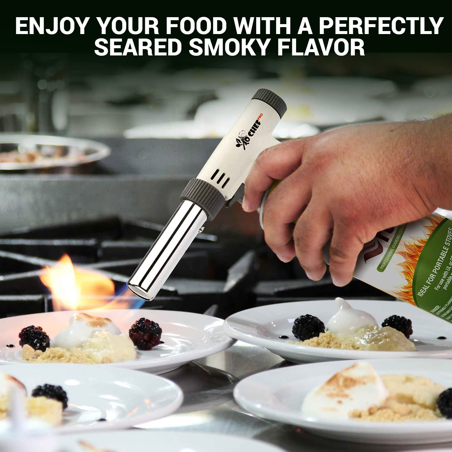 Jo Chef Pro Butane Torch Lighter - Refillable Butane Torch Head, Hand Held, Small with Adjustable Flame - Culinary Blow Torch, Creme Brulee Torch, Baking, BBQ