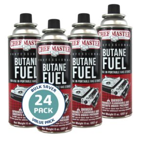 chef master 90340 | pack of 24 butane fuel cylinders| 8oz butane canisters for portable stove | butane torch replacement canisters