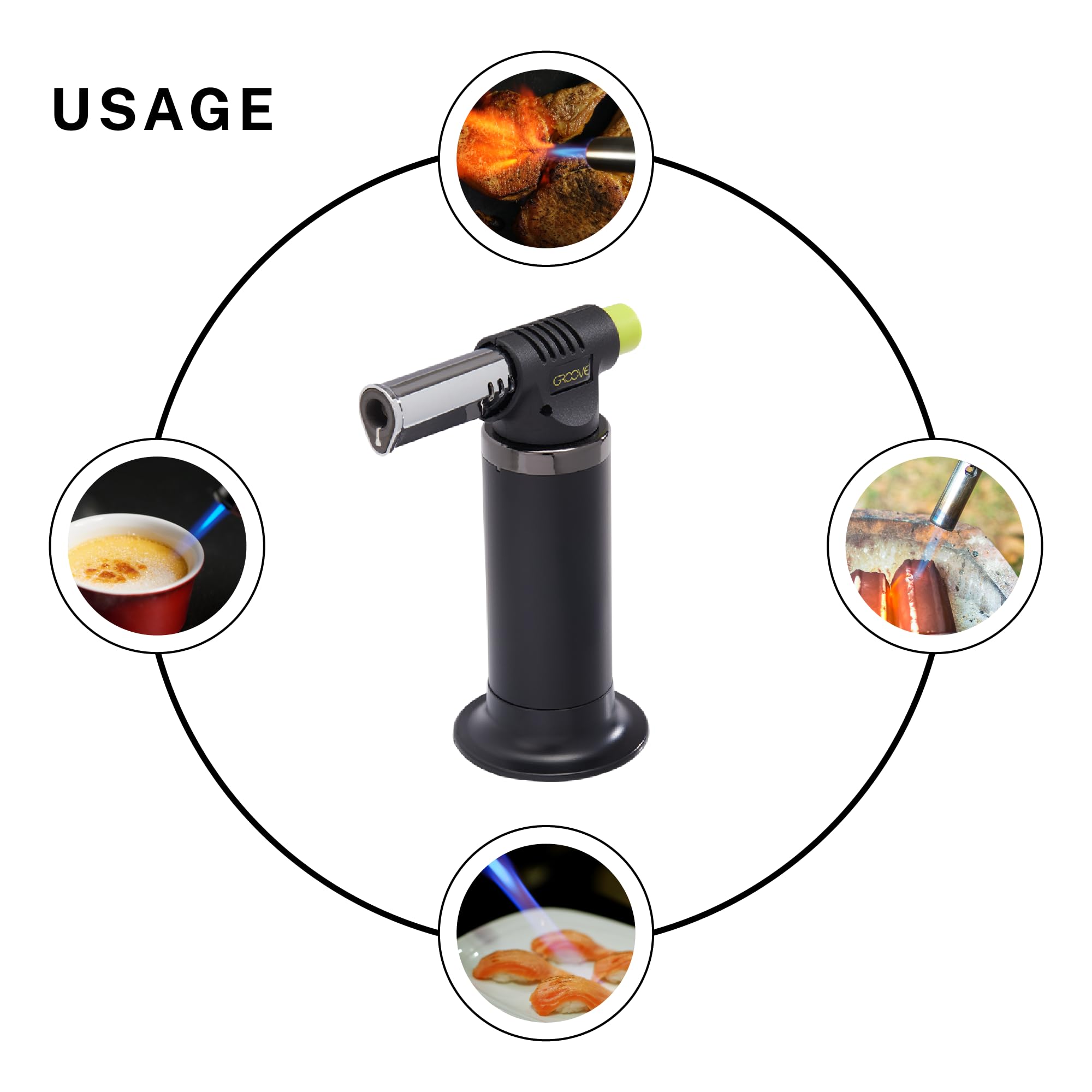 Groove Spark Professional Culinary Butane Torch - 4.29” x 6.38” x 2.6” Versatile Adjustable Flame Blow Torch for Every Kitchen Need & More - Easy Refill 10g Capacity (Butane Not Included) - Yellow