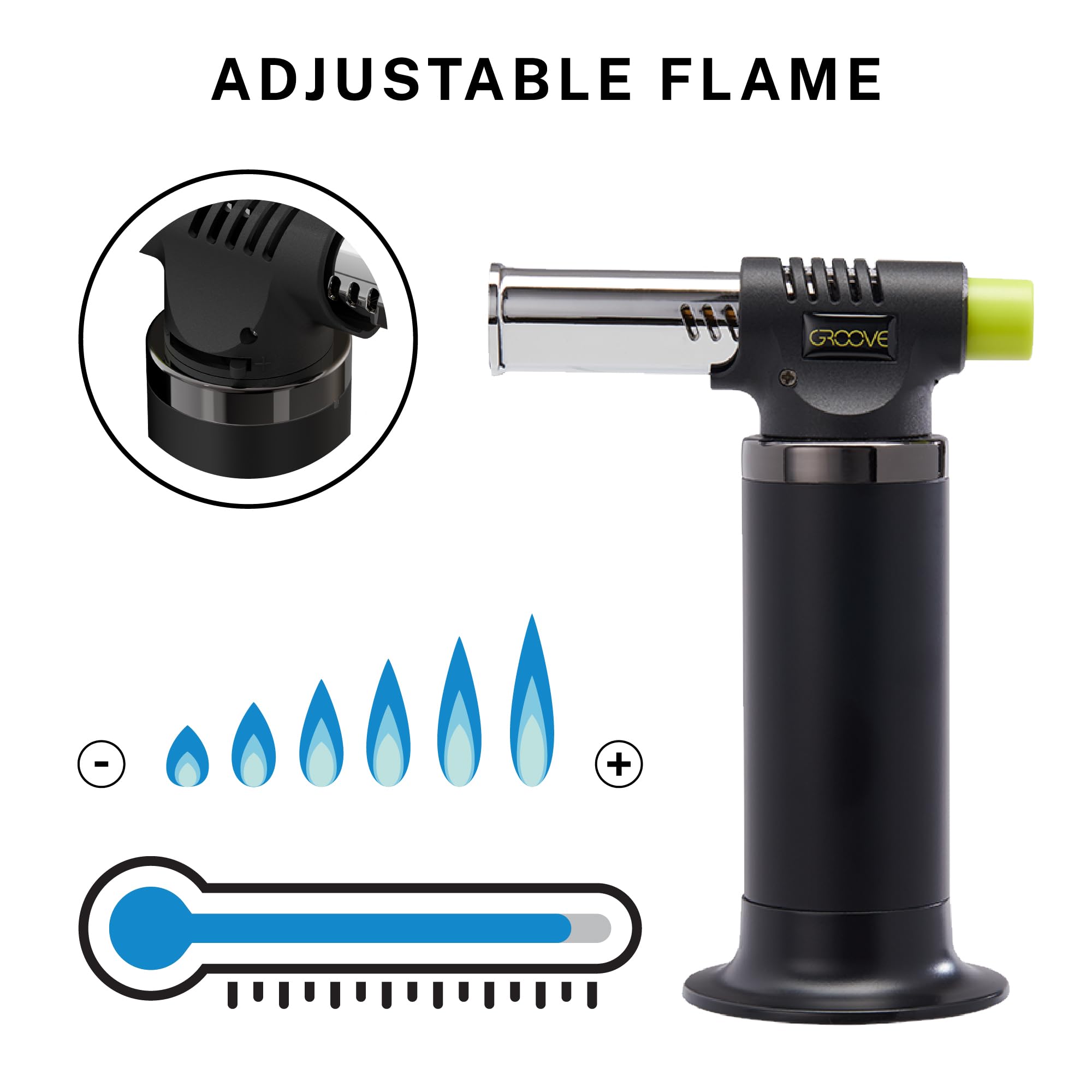 Groove Spark Professional Culinary Butane Torch - 4.29” x 6.38” x 2.6” Versatile Adjustable Flame Blow Torch for Every Kitchen Need & More - Easy Refill 10g Capacity (Butane Not Included) - Yellow