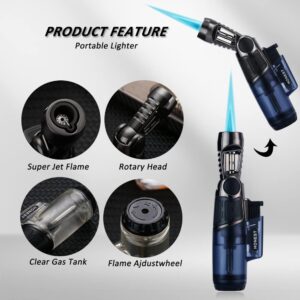 Lighter Rotatable Head Portable Torch Lighter Refillable Jet Flame Lighter Windproof Flexible with Visual Fuel Window BBQ Fireplace Camping Kitchen(Butane Gas Not Included) (Blue A)