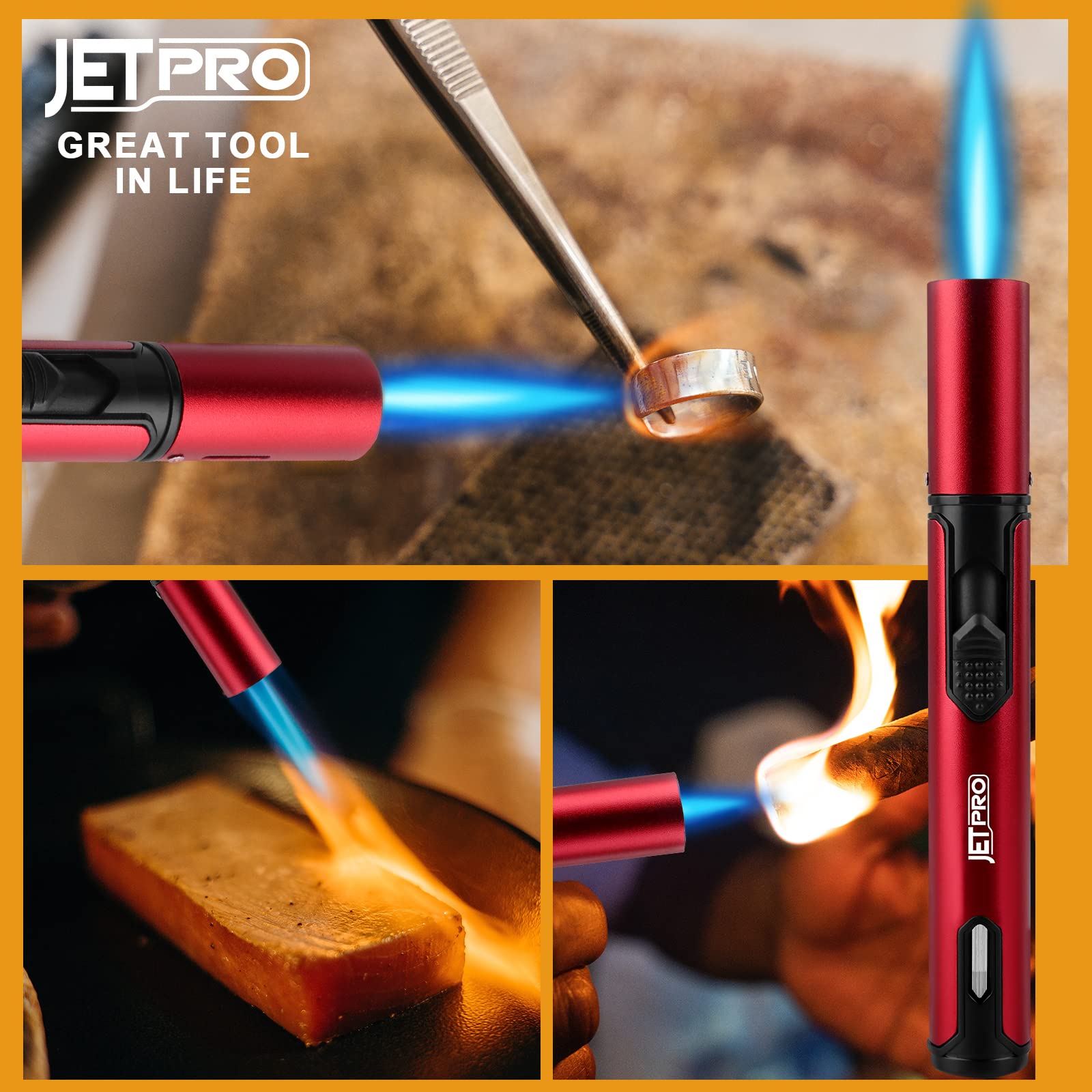 JETPRO Multipurpose Windproof Pen Lighter Butane Refillable Gas Torch Lighter Adjustable Jet Flame for Grill Candle Camping (Butane Gas Not Included) (Red)