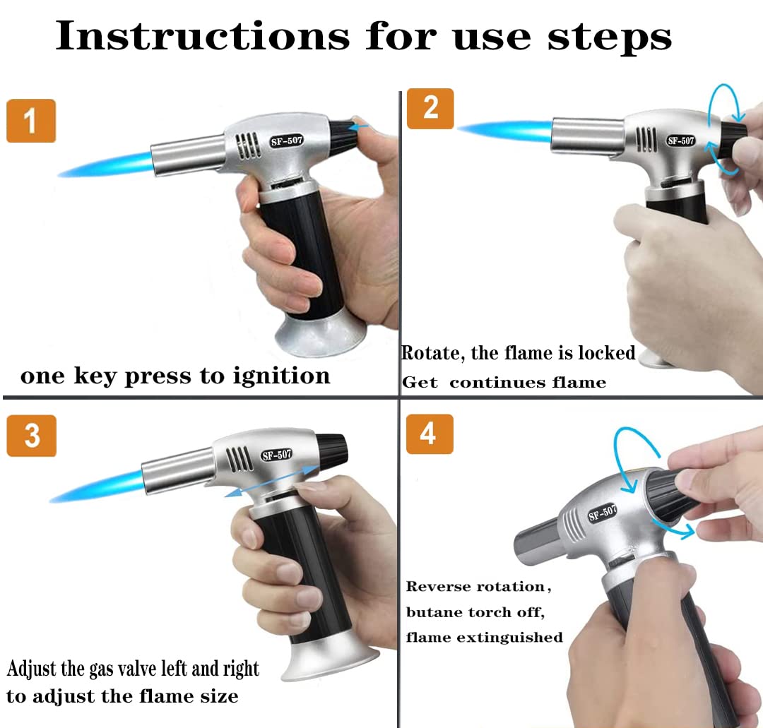 Refillable Butane Torch, Cooking Flame Stable & Adjustable, with Safety Lock, Fit All Gas, for Desserts, Creme Brule, BBQ Baking,Welding. (Gas not Includ, 4.72x1.8x5.7 inches), Black, SF-507