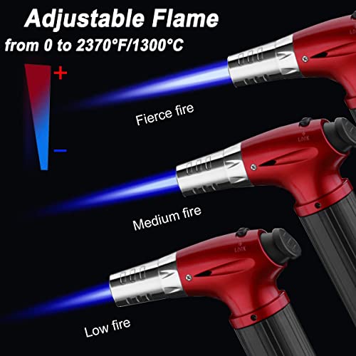 2 Pack Butane Torch Lighter,Refillable Blow Torch Kitchen Cooking Chef Torch Lighter with Safety Lock Adjustable Flame Torch Brulee Torch BBQ Baking Food Torch—Butane Gas Not Included (Silver, Red)