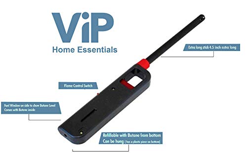 VIP Home Essentials Fuel Included Handi Flame 10pk BBQ Grill Click Lighter Refillable Butane Gas Candle Fireplace Kitchen Stove Wind Resitent Long Stem