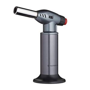 masterclass blow torch, refillable chef blow torch, adjustable anti-flare flame, non-slip metal body, grey/silver