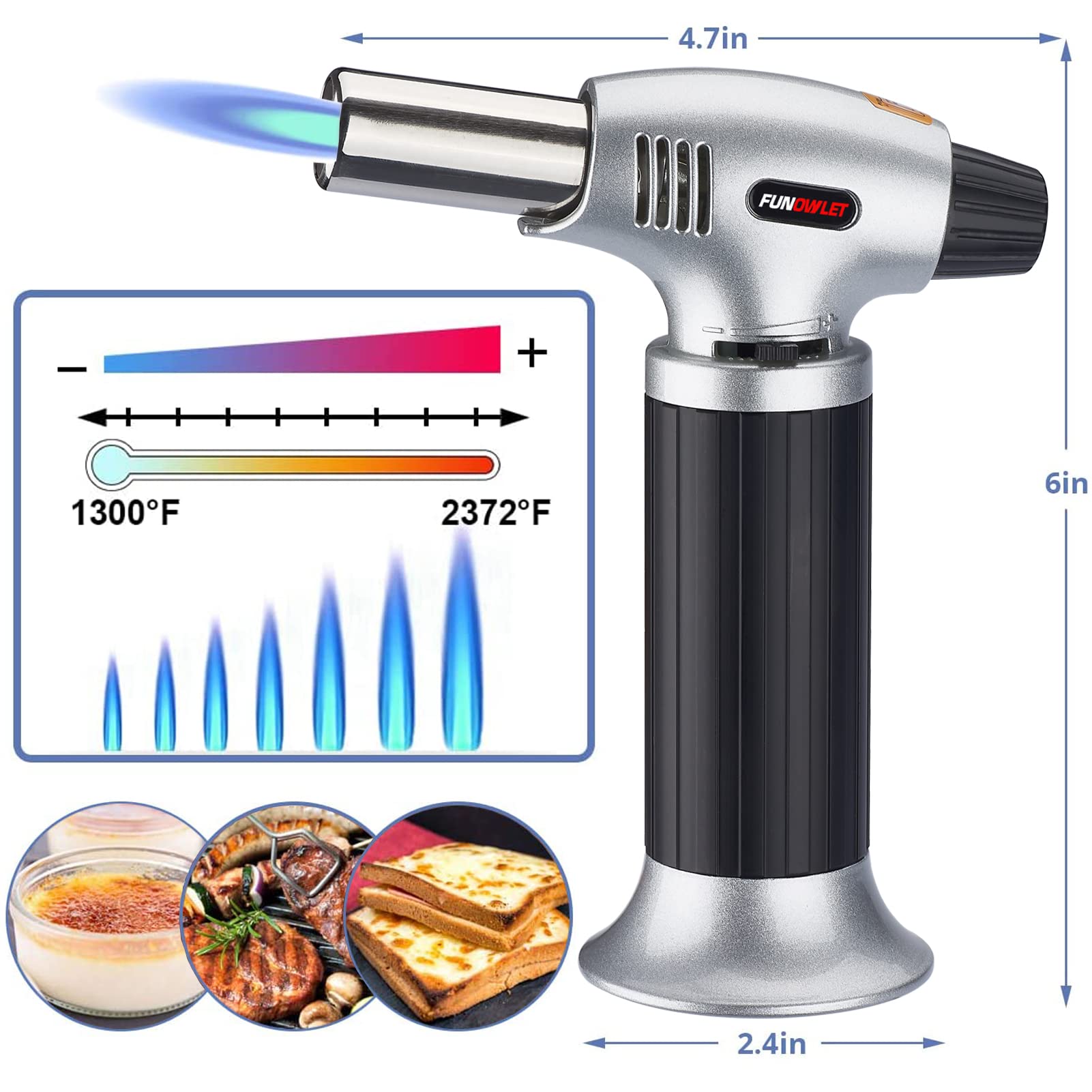 FunOwlet Butane Torch Lighter + Butane Torch Head, Culinary Torches Chef Cooking Professional Adjustable Flame with Reverse Use for Creme, Brulee, BBQ, Baking, Jewelry