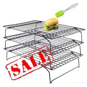 3 tier non stick cake cooling rack - oven safe, heat resistant, space saving stackable wire tray with collapsible legs for roasting, cooking, grilling, drying, plus multi-use basting brush, 10x16 in