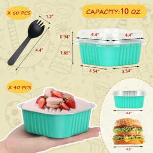 10oz Aluminum Brownie Pans 40 Pack,LNYZQUS Square 4”X4” Disposable Ramekins Cupcake Liners With Lids,Mini Cake Baking Pans,Large Muffin Tin Holders For Catering Gathering-Cyan Blue