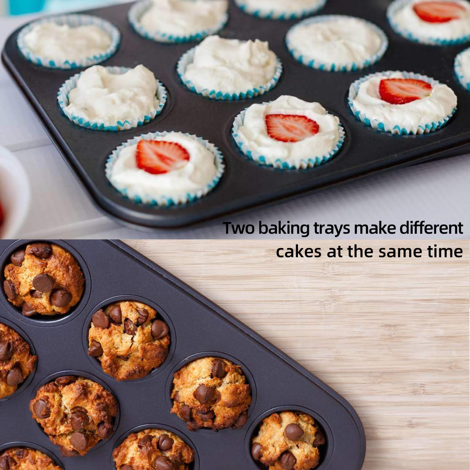 Muffin Pan, 12 Cupcake Pan, 2 Sets of Nonstick Brownie Bakeware Muffin Tin, Cupcake Tray, Baking Pan for Kitchen Oven, Black 13.9 x 10.5 x 1.2 inches