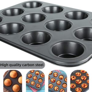 Muffin Pan, 12 Cupcake Pan, 2 Sets of Nonstick Brownie Bakeware Muffin Tin, Cupcake Tray, Baking Pan for Kitchen Oven, Black 13.9 x 10.5 x 1.2 inches