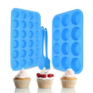silicone muffin pan cupcake set – non-stick 12 cups and mini 24 cups,silicone baking molds,bpa free muffin tin with 1 silicone spatula & 1 oil brush (blue)