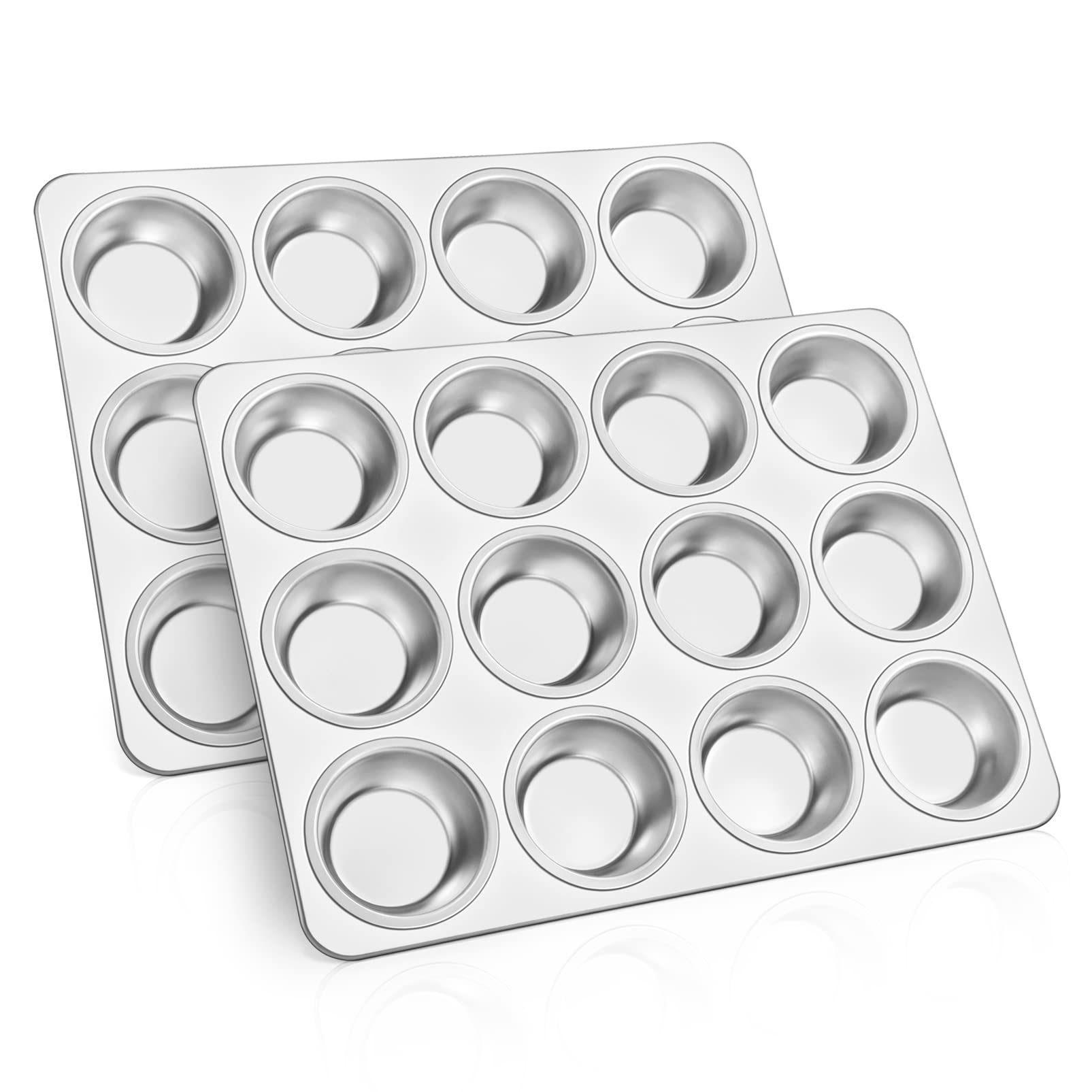 TeamFar 12-Cup Muffin Pan, Stainless Steel Cupcake Pans Muffin Tin Set for Oven Baking Mini Brownies Quiches Tarts, Non Toxic & Regular Size, Dishwasher Safe – Set of 2