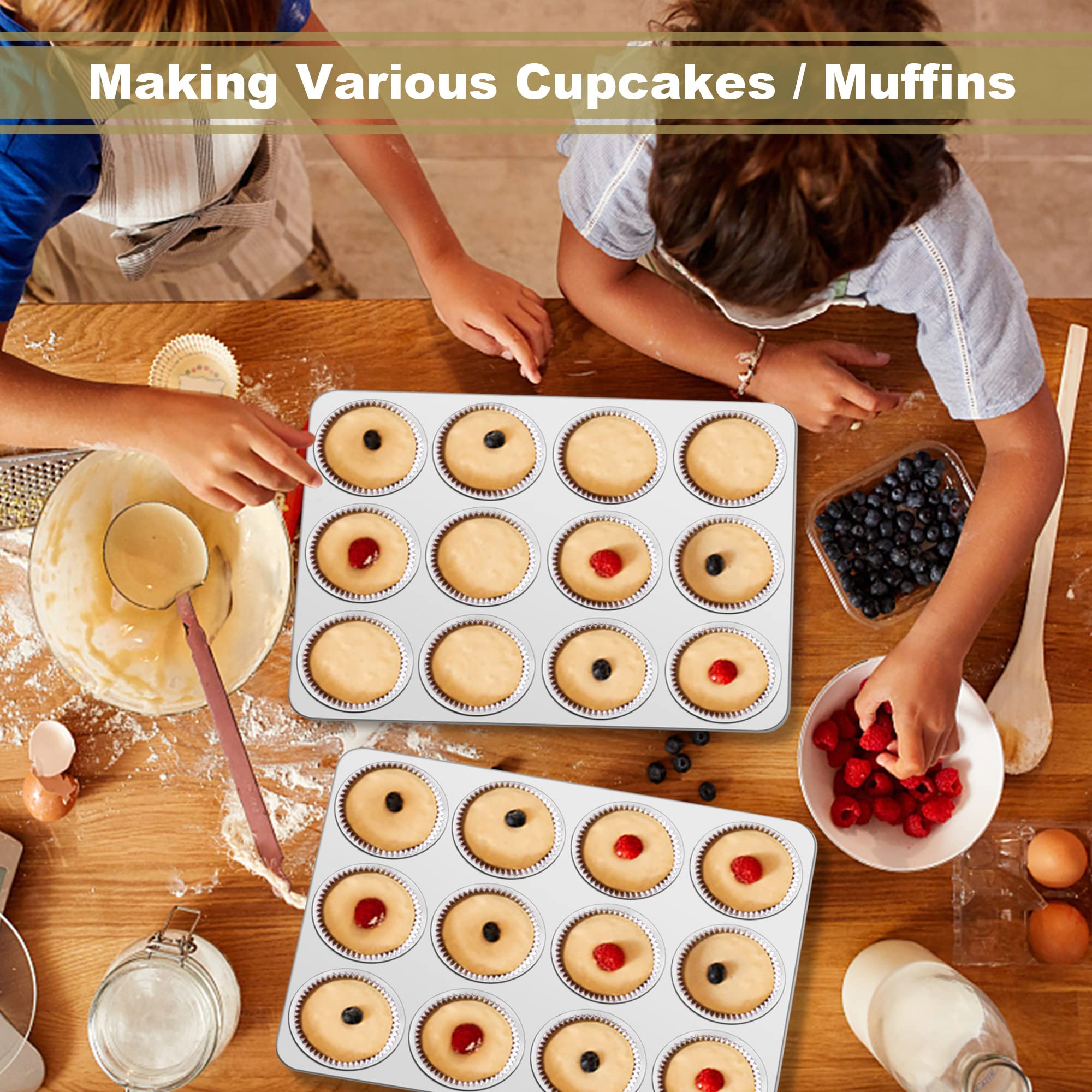 TeamFar 12-Cup Muffin Pan, Stainless Steel Cupcake Pans Muffin Tin Set for Oven Baking Mini Brownies Quiches Tarts, Non Toxic & Regular Size, Dishwasher Safe – Set of 2