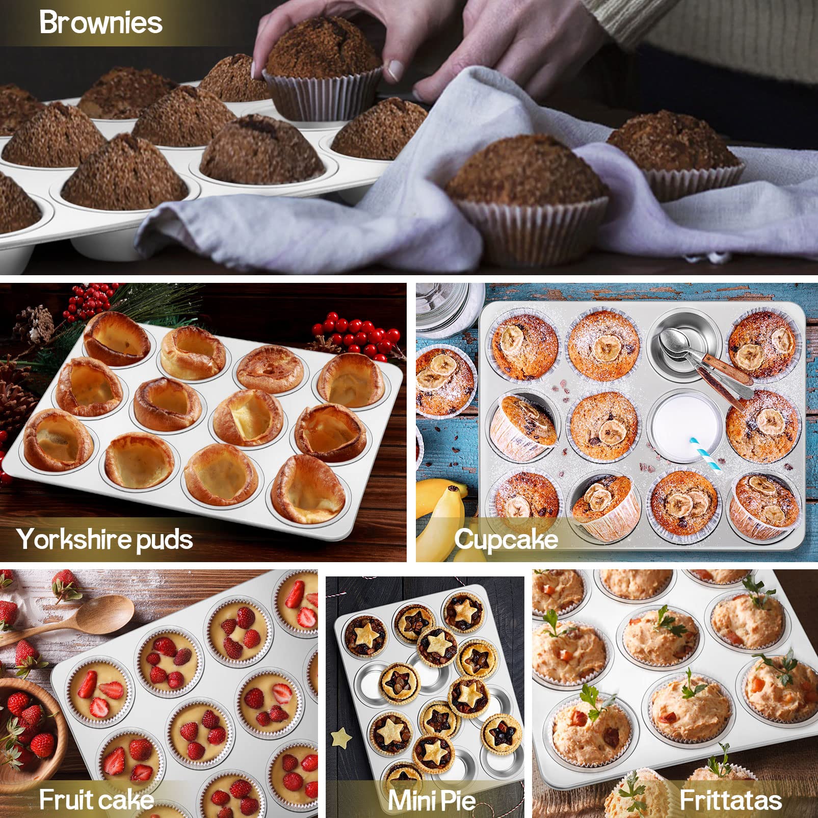 TeamFar 12-Cup Muffin Pan, Stainless Steel Cupcake Pans Muffin Tin Set for Oven Baking Mini Brownies Quiches Tarts, Non Toxic & Regular Size, Dishwasher Safe – Set of 2
