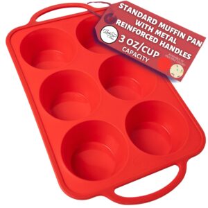 bake boss silicone muffin pan with handles, 6 cup regular size cupcake pan, perfect silicone muffin cups for baking keto paleo vegan muffin recipes, nonstick cupcake maker silicone molds