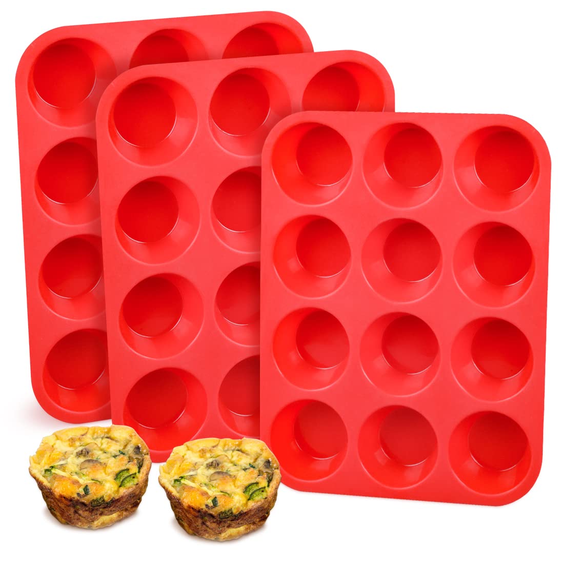 CAKETIME Silicone Muffin Pan, Regular 12-Cup Cupcake Pan for Baking 3-Pack Nonstick BPA Free