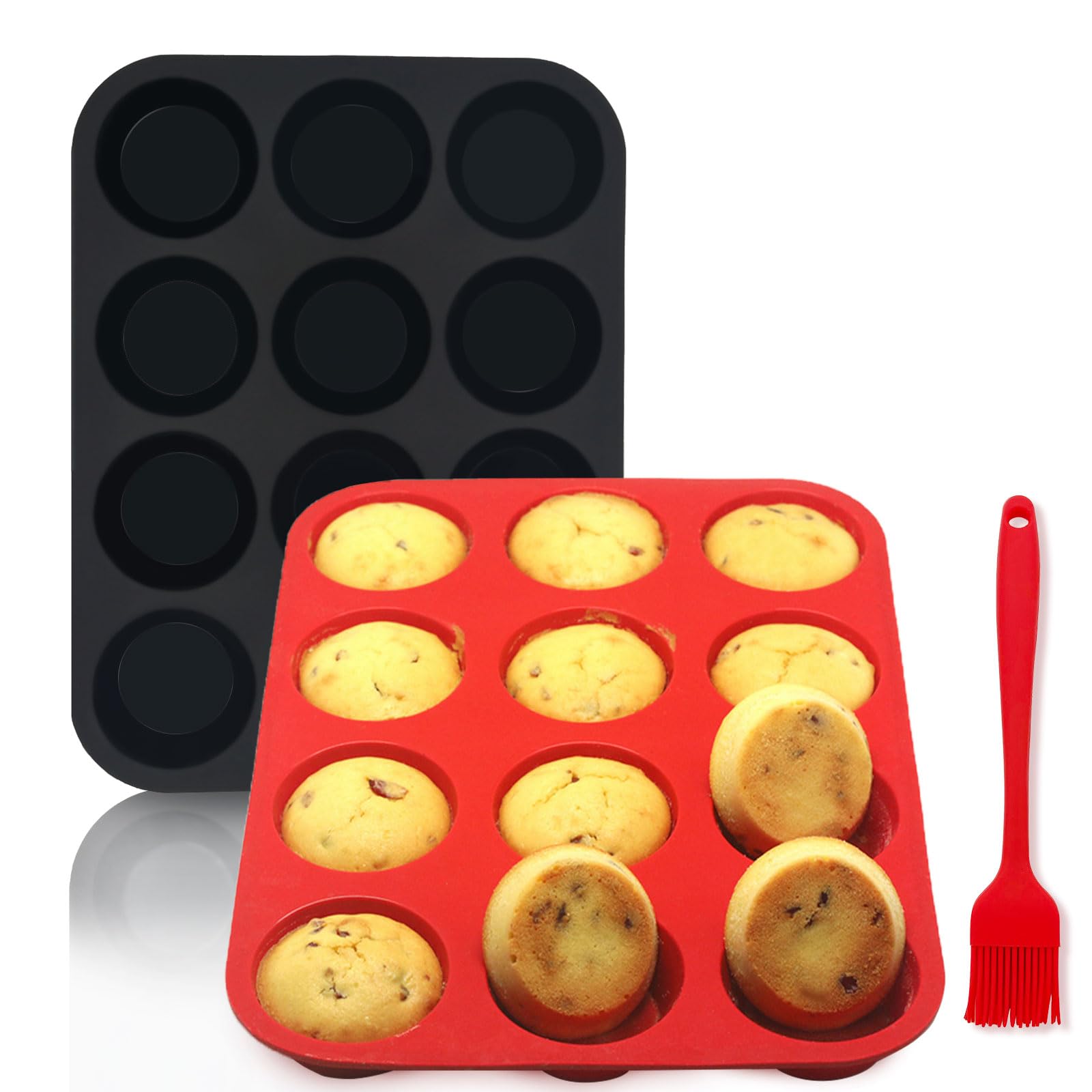 Bongpuda Silicone Muffin Pans Nonstick 12, Egg Bite Mold 2 Packs with Silicone Oil Brush - Cupcake Pan 12 Regular Size | Silicone Baking Sheet Brownie Trays for Oven, Bakeware, Cookies